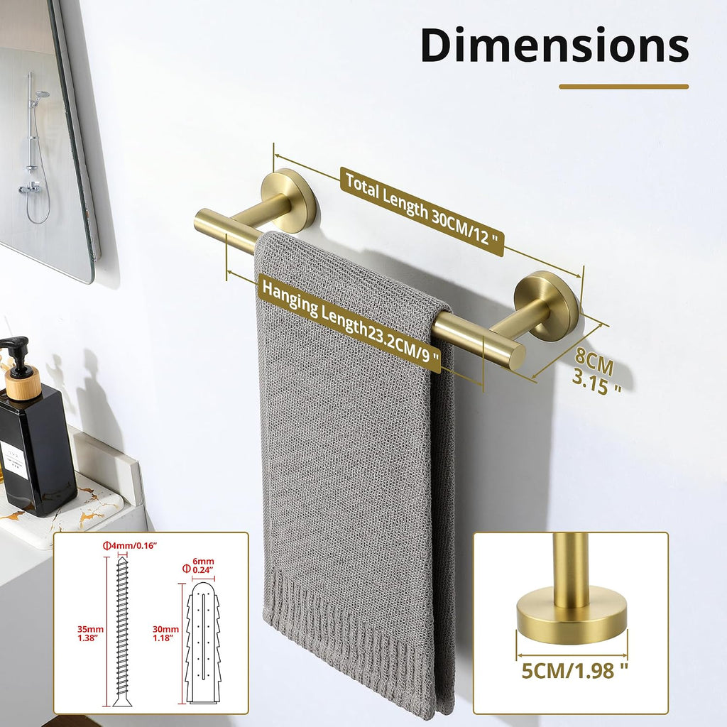 Sayayo Brushed Gold Hand Towel Holder for Bathroom Wall, 9 Inch Towel Bar