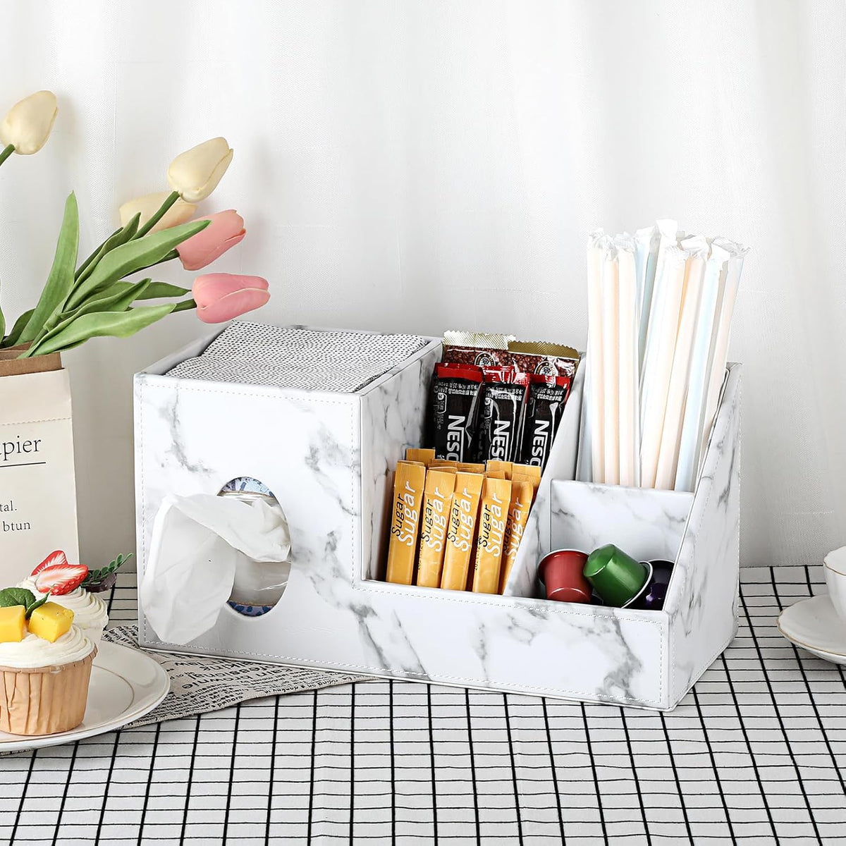 Sumnacon Square Tissue Box Cover with Side and Top Organizer, Faux Leather