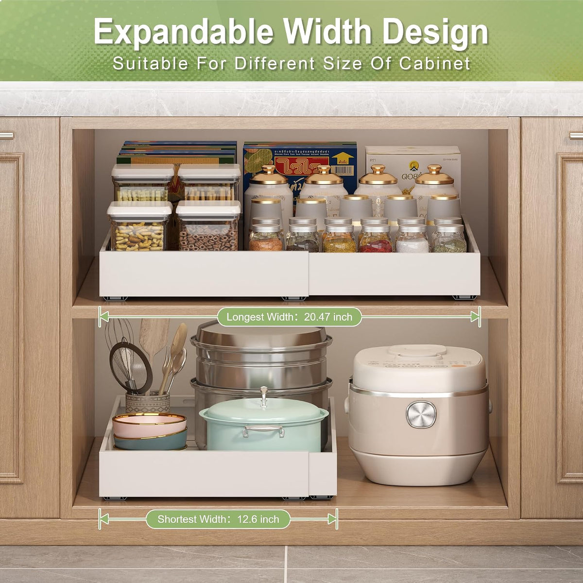 2-Pack-Expandable-Pull-Out-Cabinet-Organizers, No Drill Slide Out Drawers