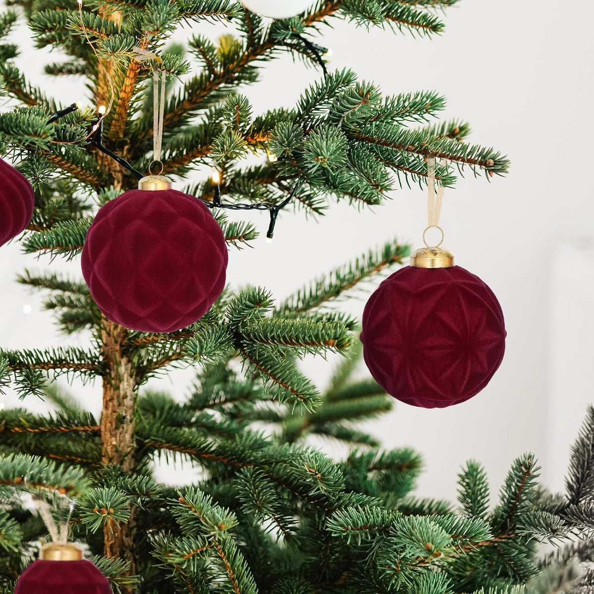46PCS Velvet Christmas Ball Ornaments Set, Burgundy Flocked Shatterproof Xmas Tree Decor, Assorted Hanging Ornaments with Loop for Holiday Home Decor, Christmas Tree Decoration (Red)