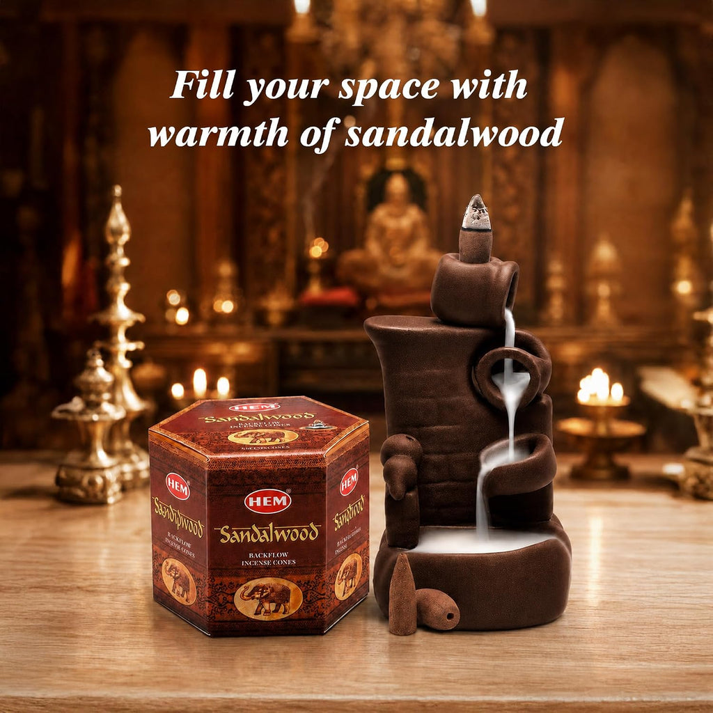HEM Sandalwood Backflow Incense Cones – Pack of 40 Brown Cones | Long-Lasting Natural Aroma for Positivity, Cleansing & Relaxation | Wood Powder Aromatherapy for Stress Relief & Air Purification
