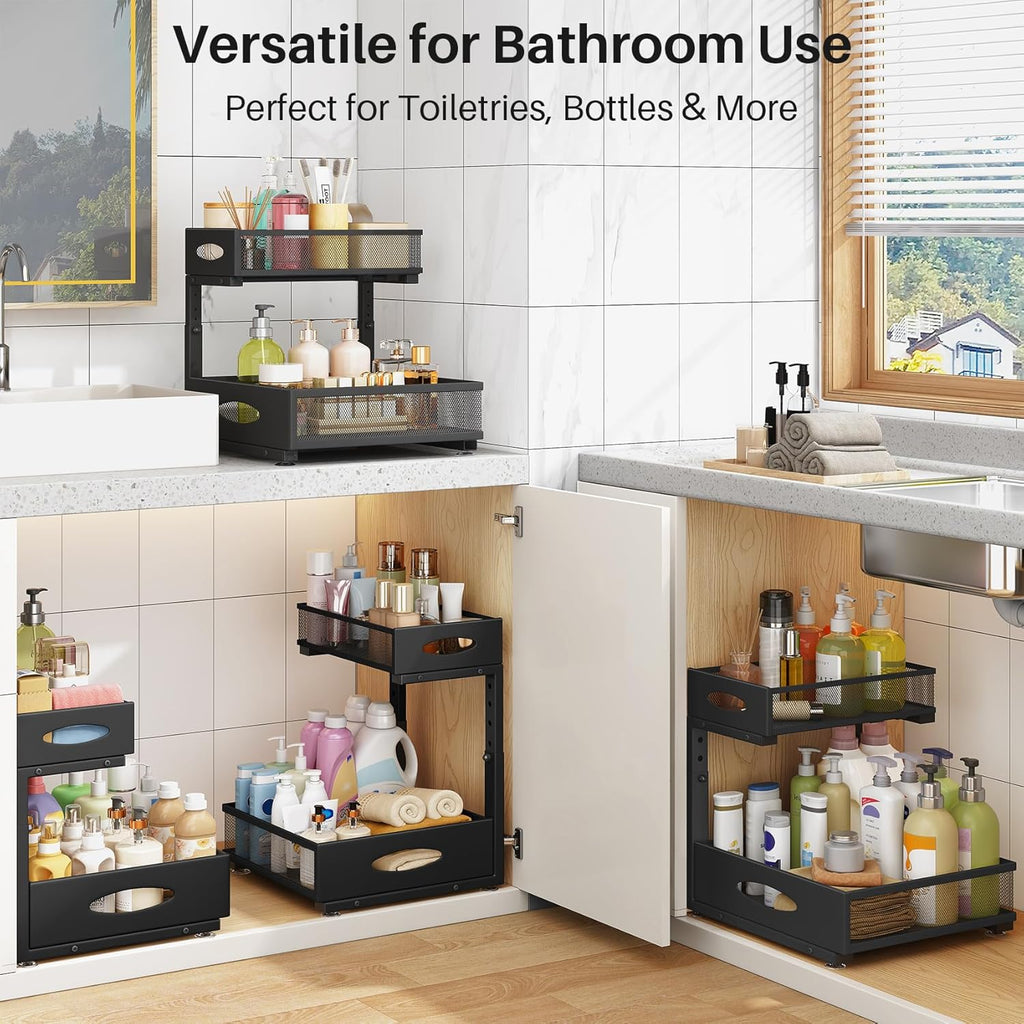 Under Sink Organizer, 2 Tier Pull Out Under Cabinet Organizer Shelf with Pad for Framed Cabinets, Metal Slide Out Under Sink Storage, Mesh Sliding Drawers for Kitchen Bathroom Laundry(Black, 1 Pack)