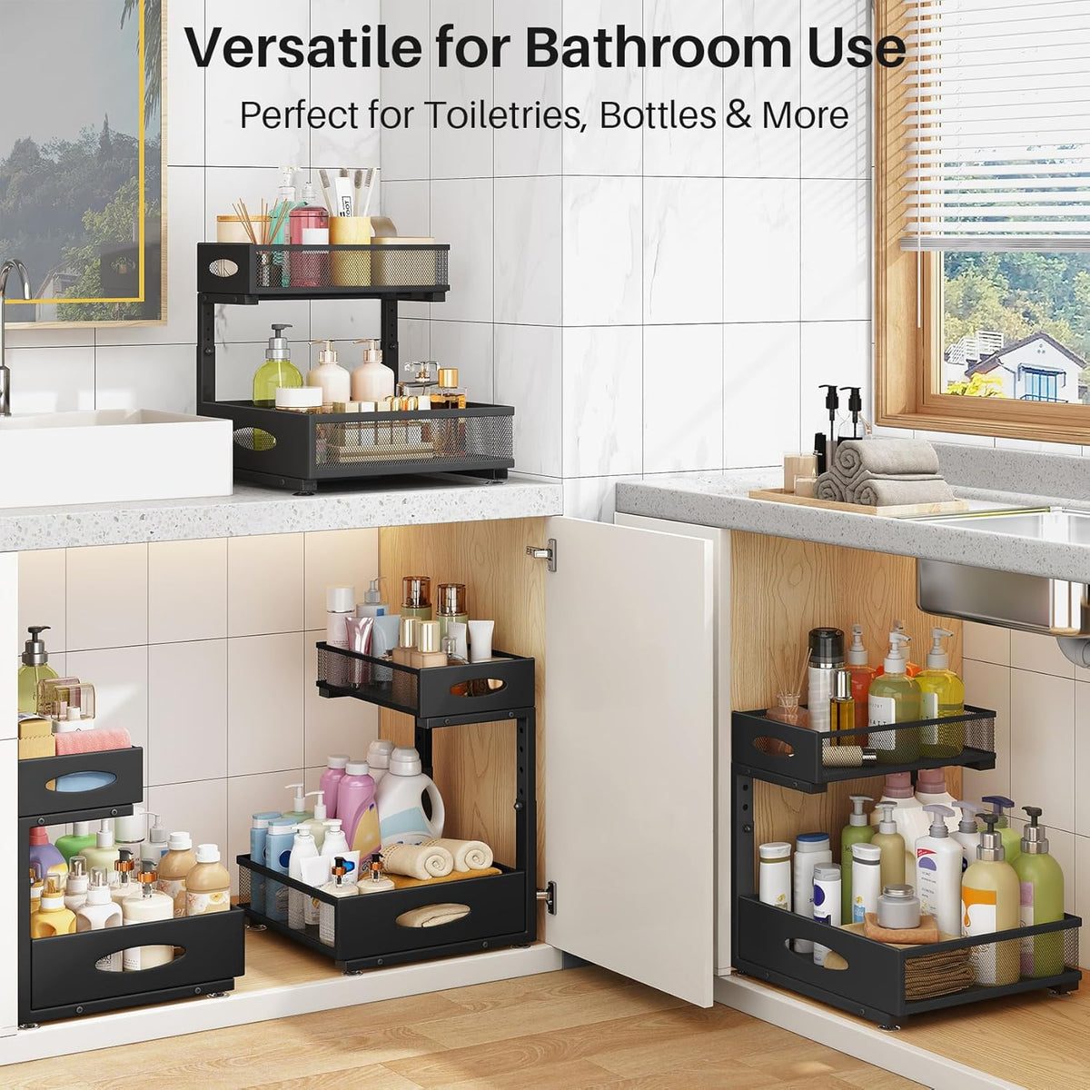 Under Sink Organizer, 2 Tier Pull Out Under Cabinet Organizer Shelf with Pad for Framed Cabinets, Metal Slide Out Under Sink Storage, Mesh Sliding Drawers for Kitchen Bathroom Laundry(Black, 1 Pack)