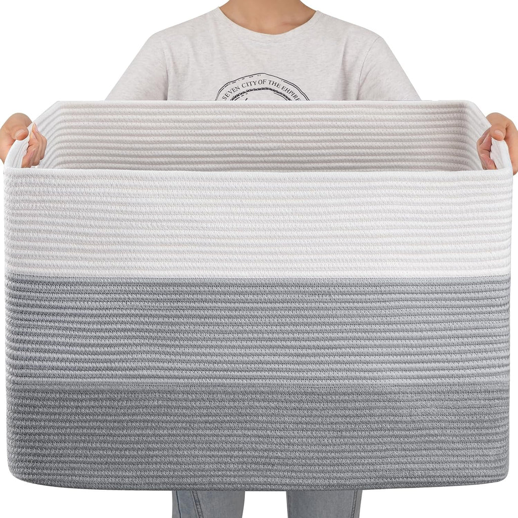 OIAHOMY 108L Super Large Blanket Basket, 25”x16”x16”(108L) Rectangle Woven Baskets for Storage, Cotton Rope Basket For Living Room, Toy Storage with Handle - Gradient Grey
