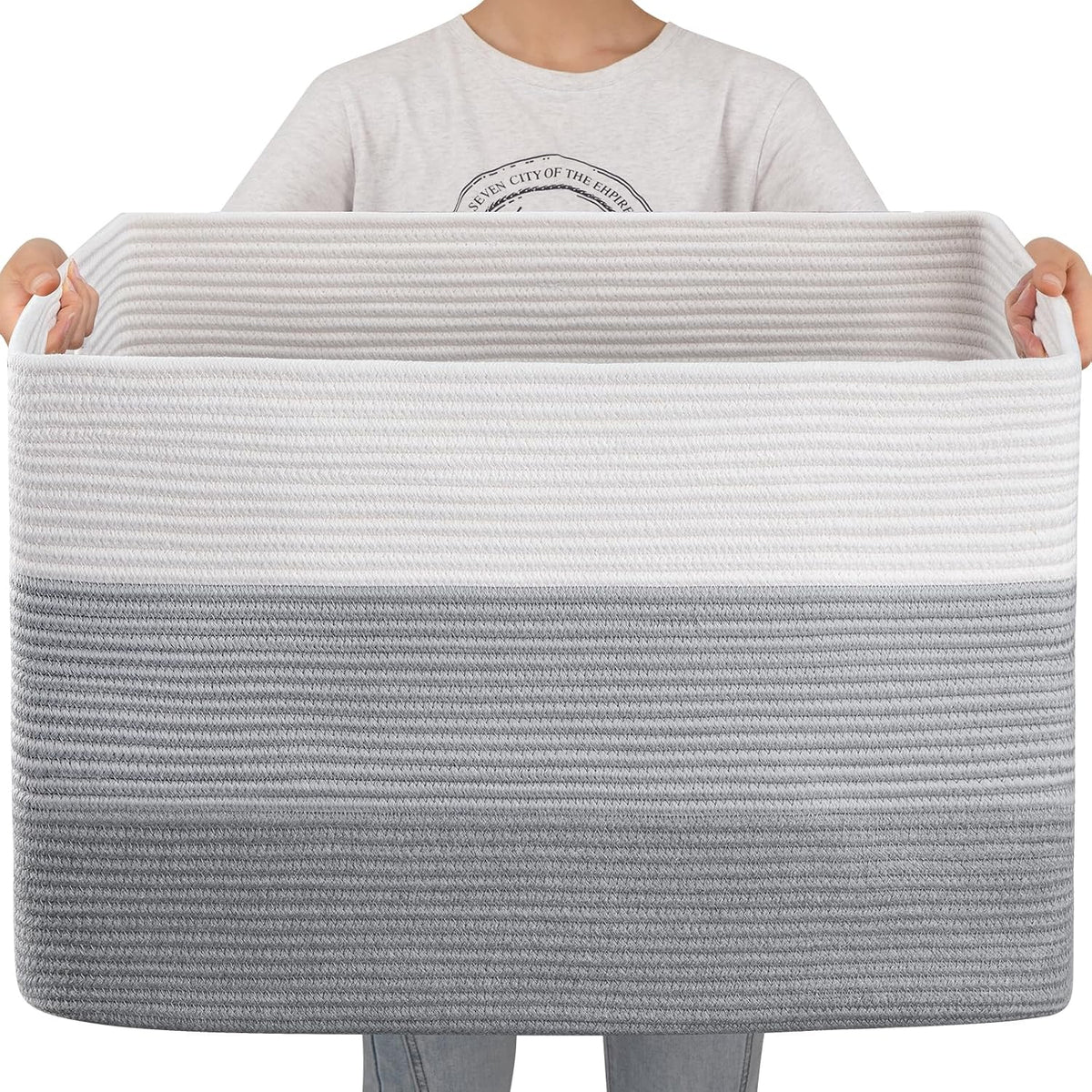 OIAHOMY 108L Super Large Blanket Basket, 25”x16”x16”(108L) Rectangle Woven Baskets for Storage, Cotton Rope Basket For Living Room, Toy Storage with Handle - Gradient Grey