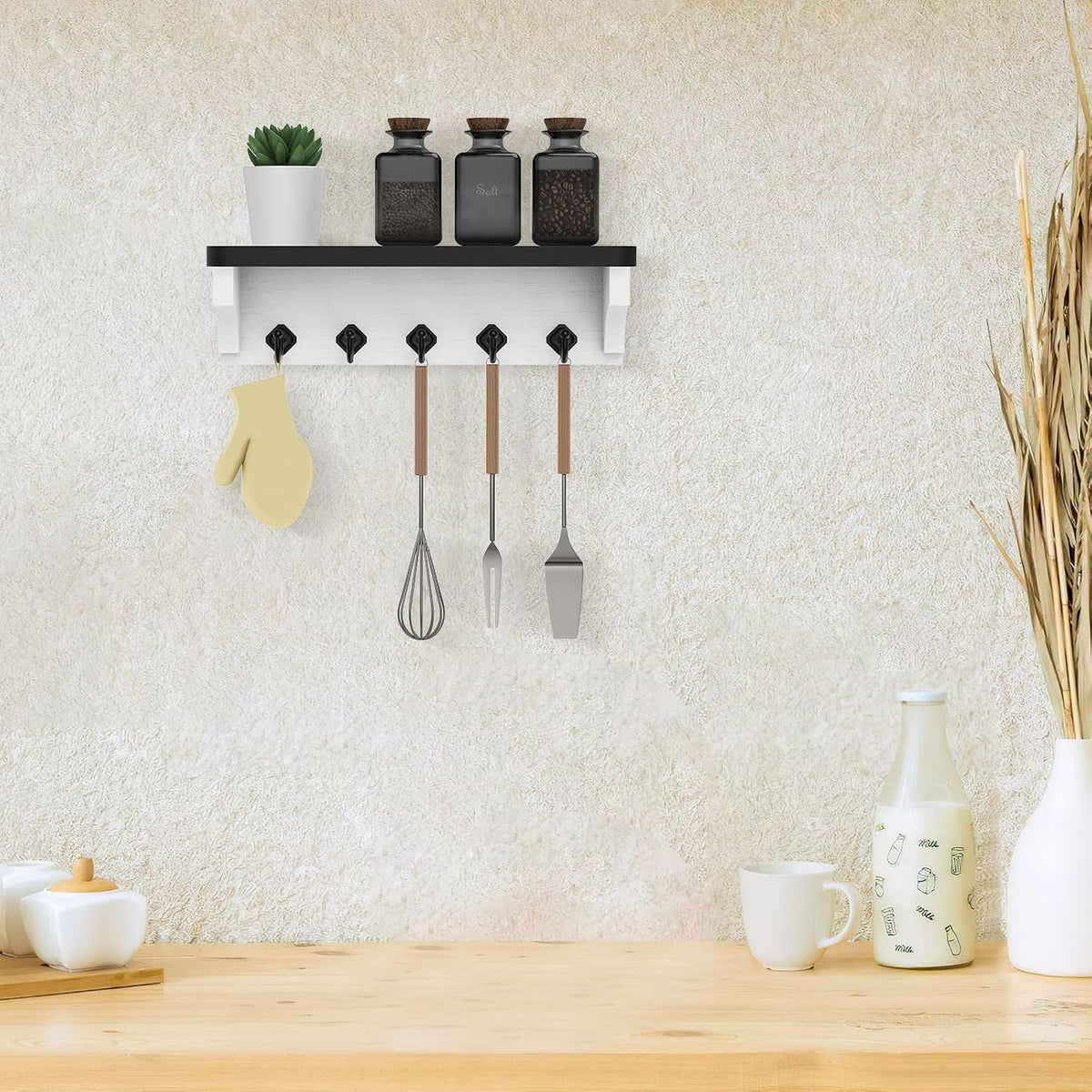 Nekon Key Holder for Wall, 11.8" W x 3.5" H x 2.8" D Wall Shelf, Black