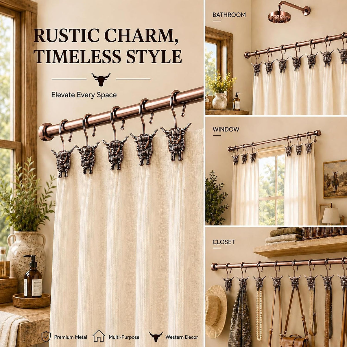 Highland Cow Shower Curtain Hooks, Rust-Resistant Zinc Alloy Metal Hooks, Farmhouse Bathroom Decor, 12 Pack (Antique Copper)