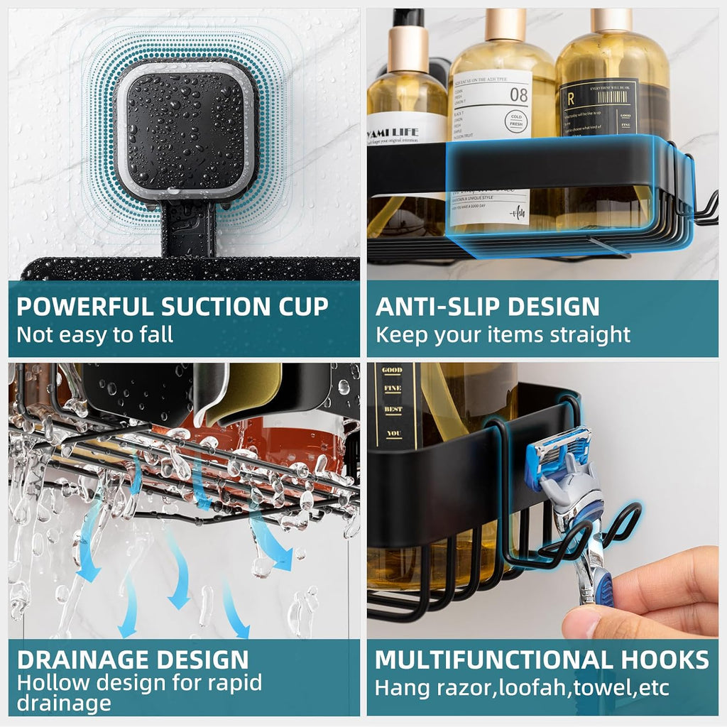 TAILI Shower Caddy Suction Cup Rustproof Metal Shower Shelves Black 2pack