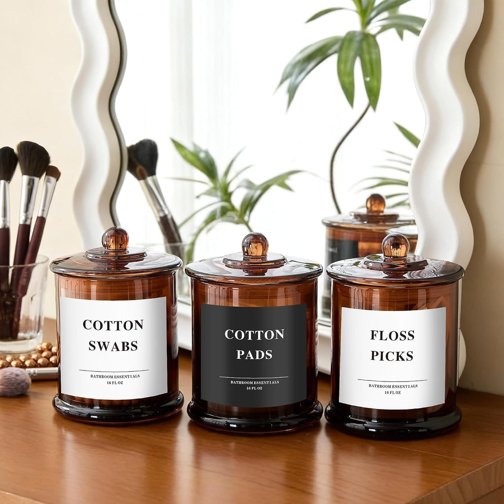3 Pack Glass Qtip Holder Dispenser with Lids, Airtight Waterproof, 16 Oz Vanity Organizer Bathroom Canisters for Cotton Swabs, Balls, Pads, Floss Picks, Restroom Bedroom Kitchen Storage Jars, Amber