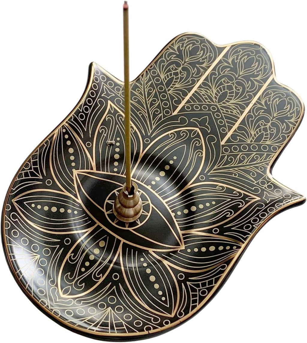 Ceramic Hamsa Hand Incense Holder - 2 in 1 Brass Incense Holder for Sticks and Coil Incense- Zen Decor with Hand of Fatima Design Protection from Evil - 6.2" L X 4.5" W (Black)