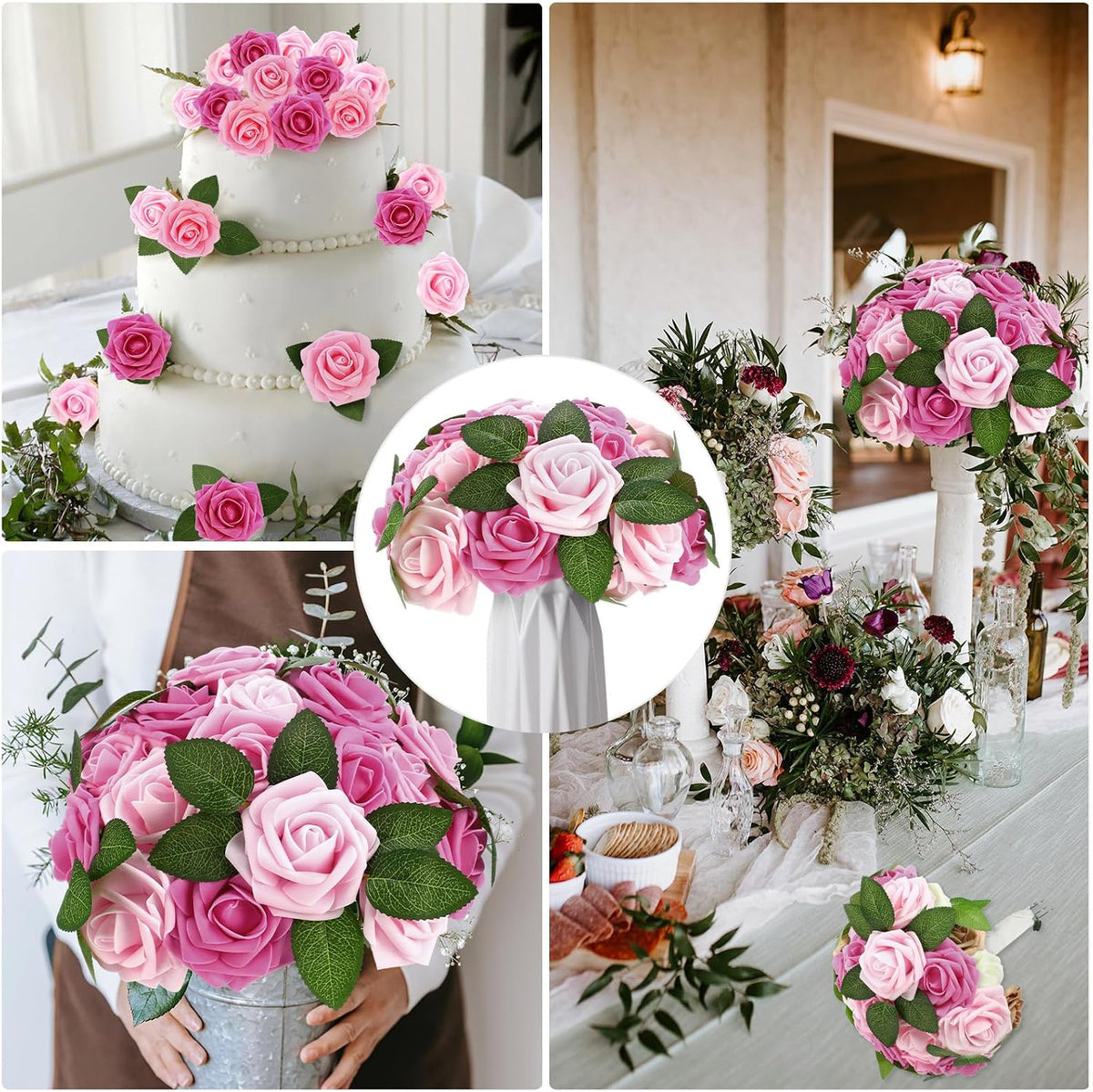 100 Pcs Artificial Rose Flowers, Three Shades of Pink