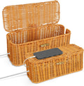 2 Pcs Handwoven Rattan Cable Management Box,Cord Organizer Box with Lid,Open-Slot Cord Hiding Basket,Decorative Storage Box for Hiding Computers, Tv, Power Sockets, USB Hubs（Orange）