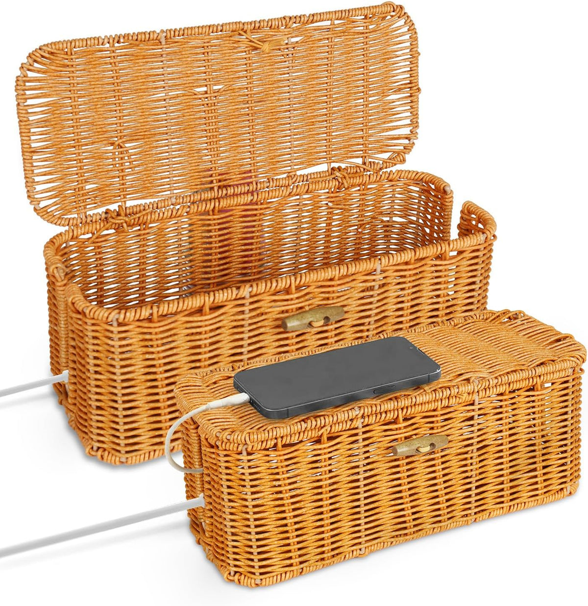2 Pcs Handwoven Rattan Cable Management Box,Cord Organizer Box with Lid,Open-Slot Cord Hiding Basket,Decorative Storage Box for Hiding Computers, Tv, Power Sockets, USB Hubs（Orange）