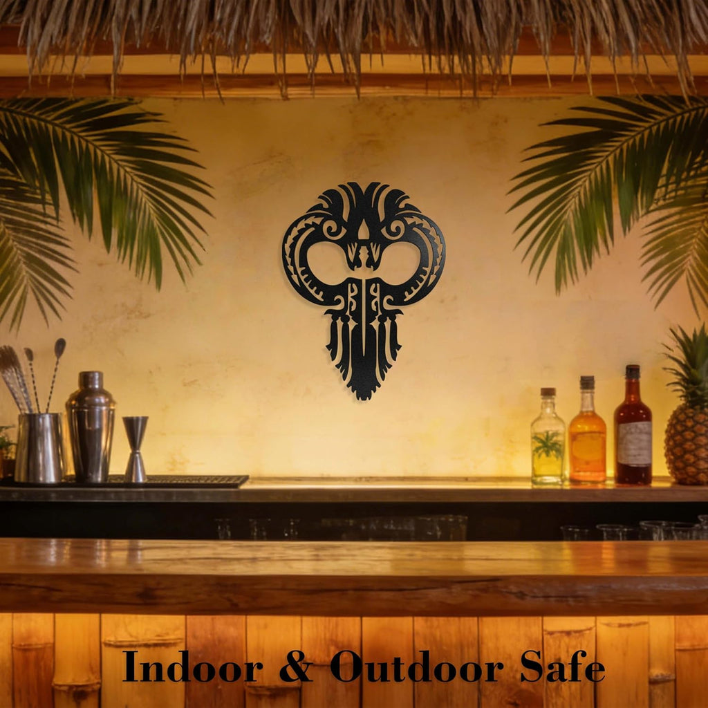 Zckjnoi Hawaiian Warrior Helmet Metal Wall Art – Matte Black Iron Tribal Wall Decor, Polynesian Warrior Mask Sculpture for Living Room, Entryway or Outdoor Wall, 15.75 x 11.81 in