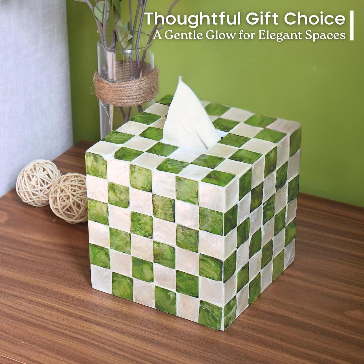 CHI AN HOME 5.5" Capiz Checkered Square Tissue Box Cover, Pistachio Green