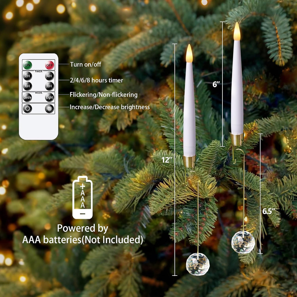 LED Taper Candles with Clear Crystal Ball Hooks, Remote Timer White 12pcs Plastic Flameless Candlesticks Flickering Battery Operated Warm Light for Home Party Decor Indoor (0.5" x 6")