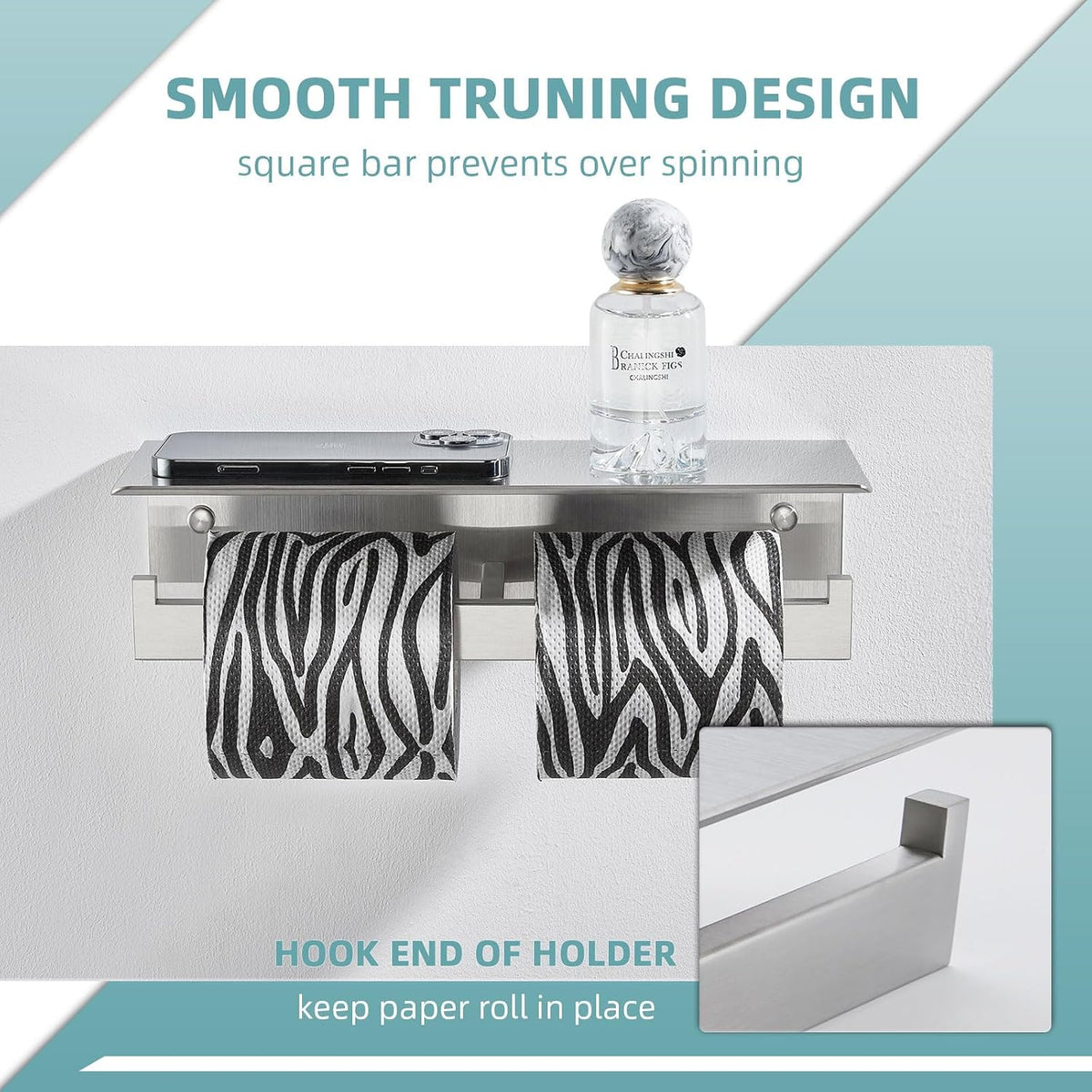 Angle Simple Double Toilet Paper Holder with Shelf, Brushed Nickel