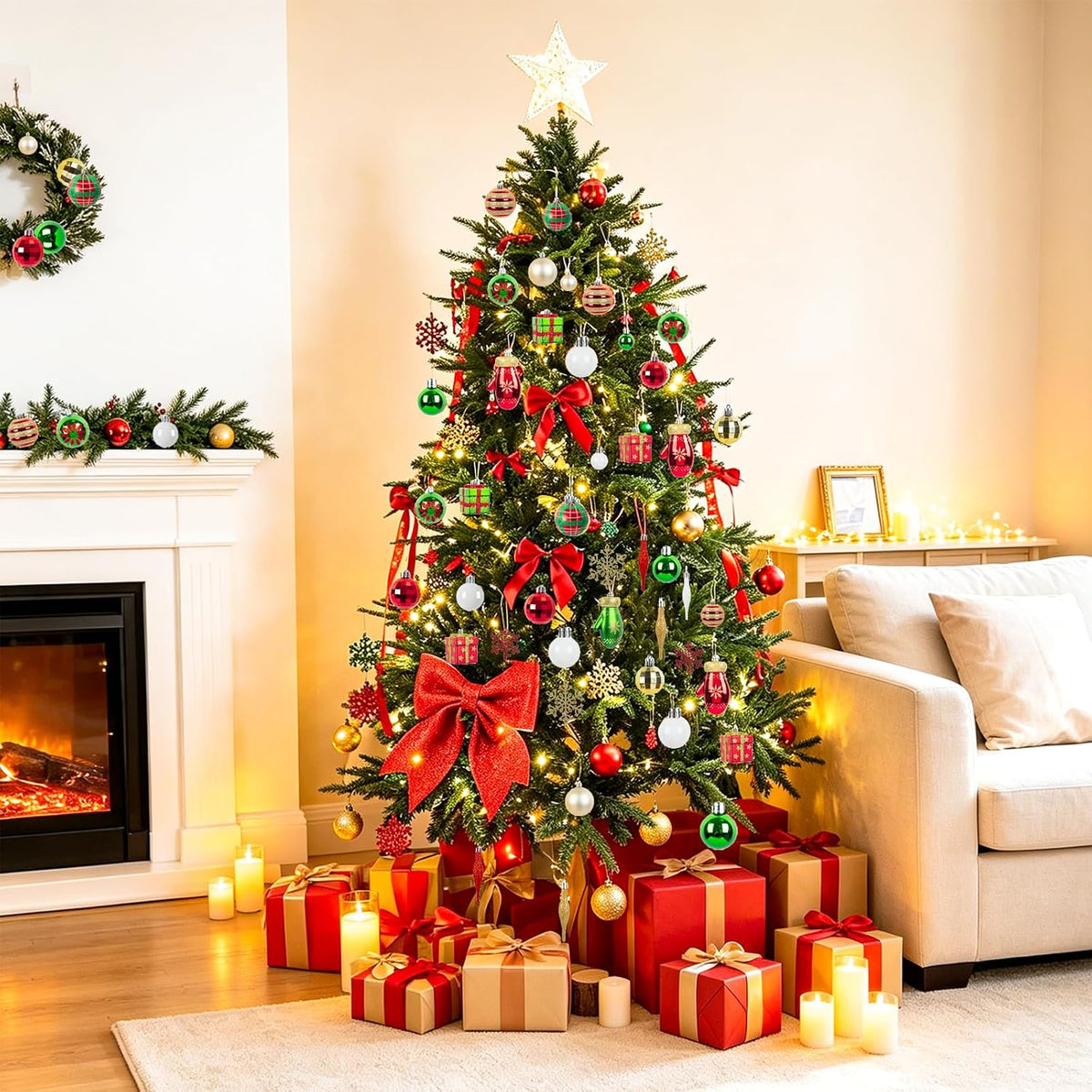 58pcs Classic Christmas Balls Ornaments Set, Red Green Gold Tree Hanging