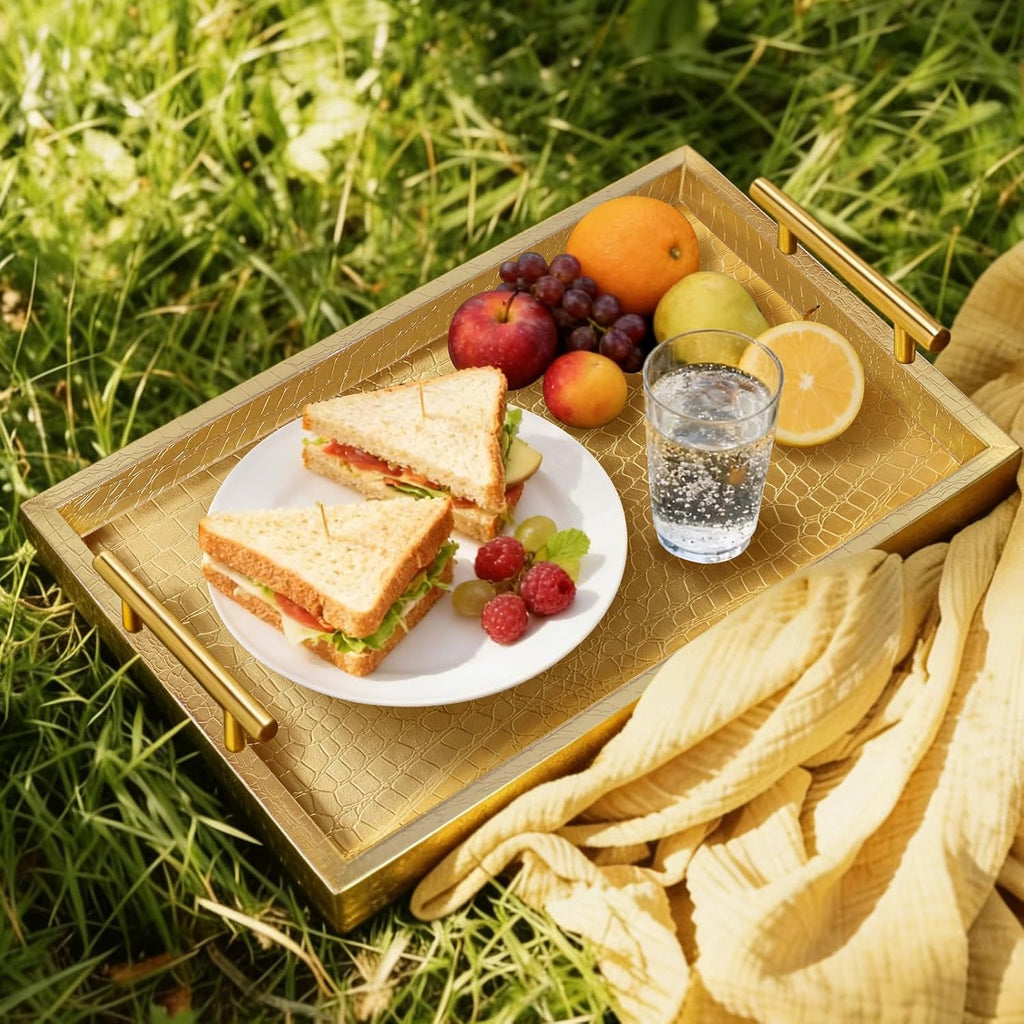 SXNOWS Faux Leather Serving Tray with Gold Handles, Glossy Gold
