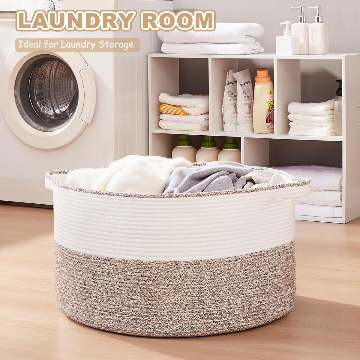 OIASKET Large Blanket Basket with Handles, 22.8" x 22.8" x 13" Woven Storage Basket for Living Room, Cotton Rope Baby Toy Storage for Clothes, Pillows, Towels-Brown & White