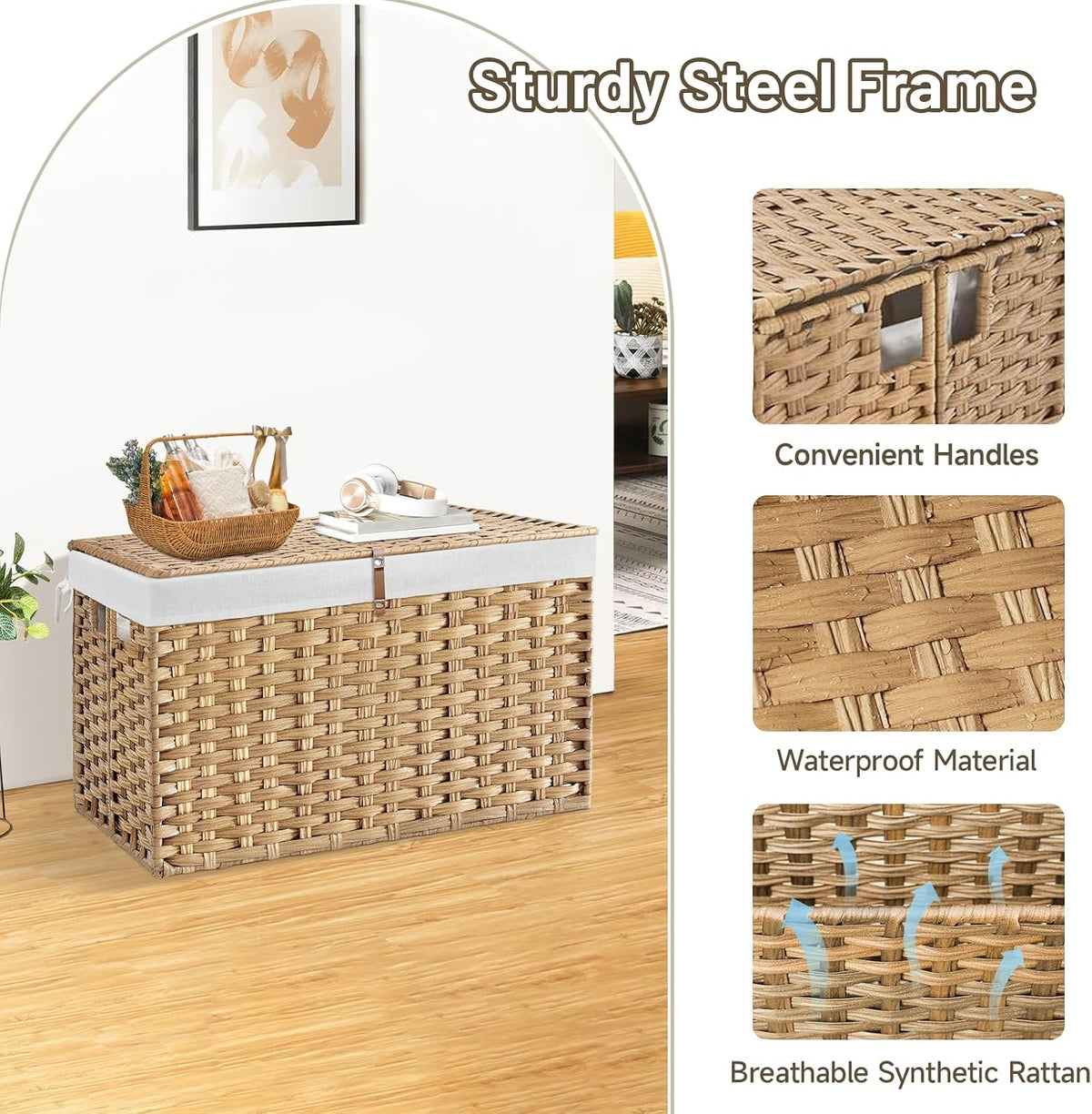 180L Wicker Storage Basket with Lid, Handwoven Rattan Large Shelf Basket with Removable Liner, 47.6 Gallon Wicker Basket for Blanket, Storage Trunk with Handle for Closet, Bedroom, Livingroom, Natural