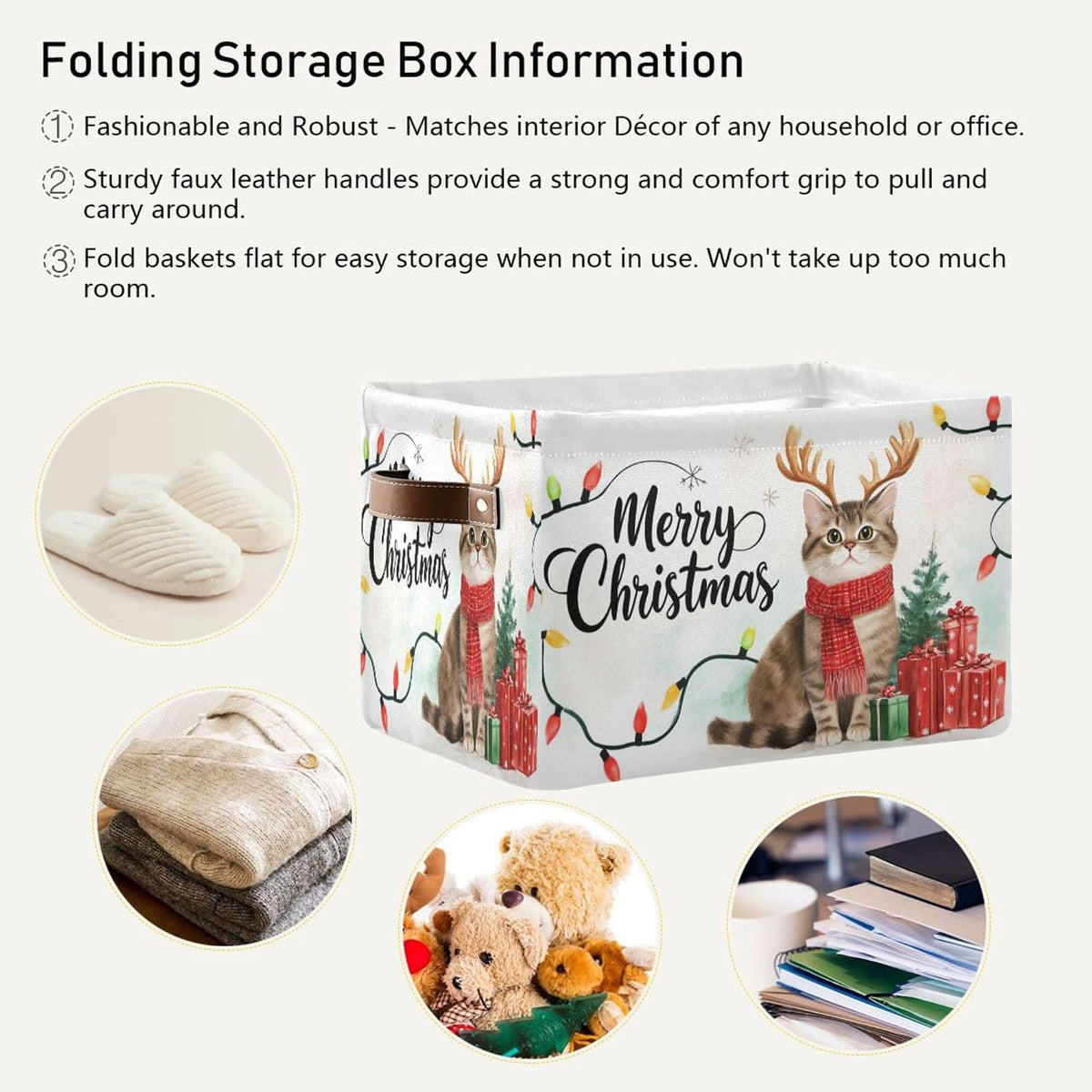 Wamika Christmas Cats Kitty Storage Basket with Waterproof Liner and PU Handles Xmas Tree Reindeer Storage Bins Boxes 14.2" Collapsible Decorative Organizer Baskets for Bedroom Closet Office 1 Pack