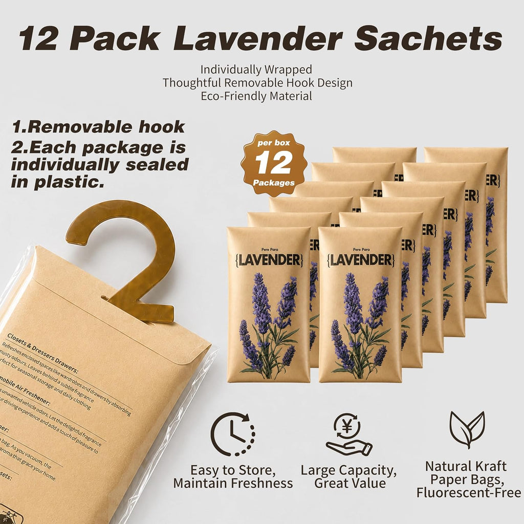 12 Pack Lavender Scented Sachets for Closet and Drawer, Hanging Air Freshener Deodorizer for Stagnant Air, Long Lasting Odor Eliminator for Clothes, Wardrobe, Car and Home Storage