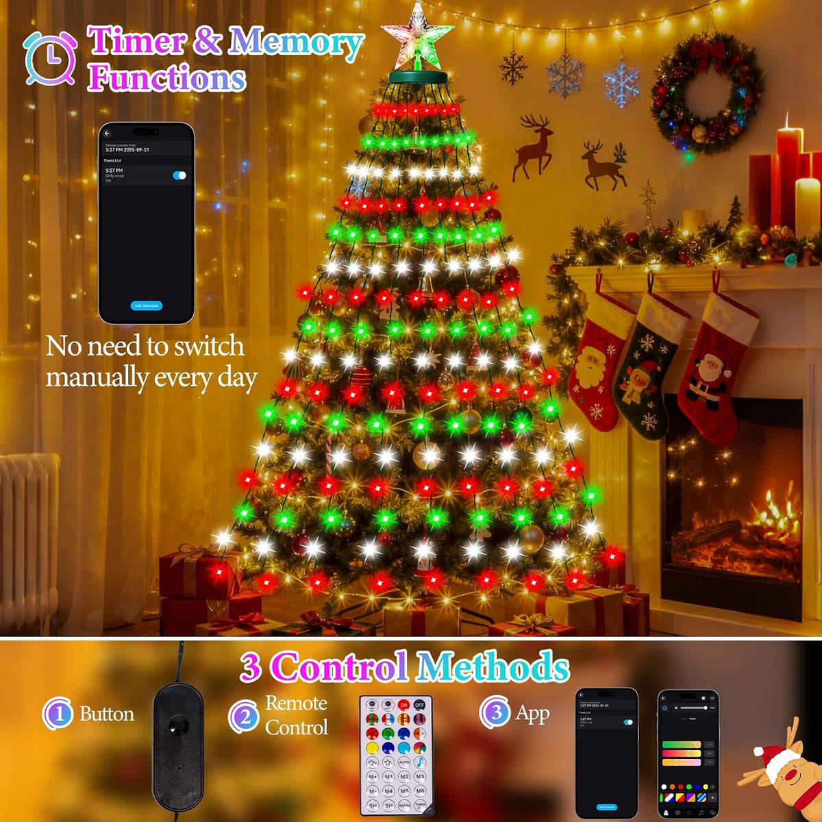 Smart Valentine's Day Lights with Star Topper, APP Control Music Sync Color Changing RGB Christmas String Lights, Cascading Twinkle Lights for Indoor Outdoor Xmas Tree Decorations
