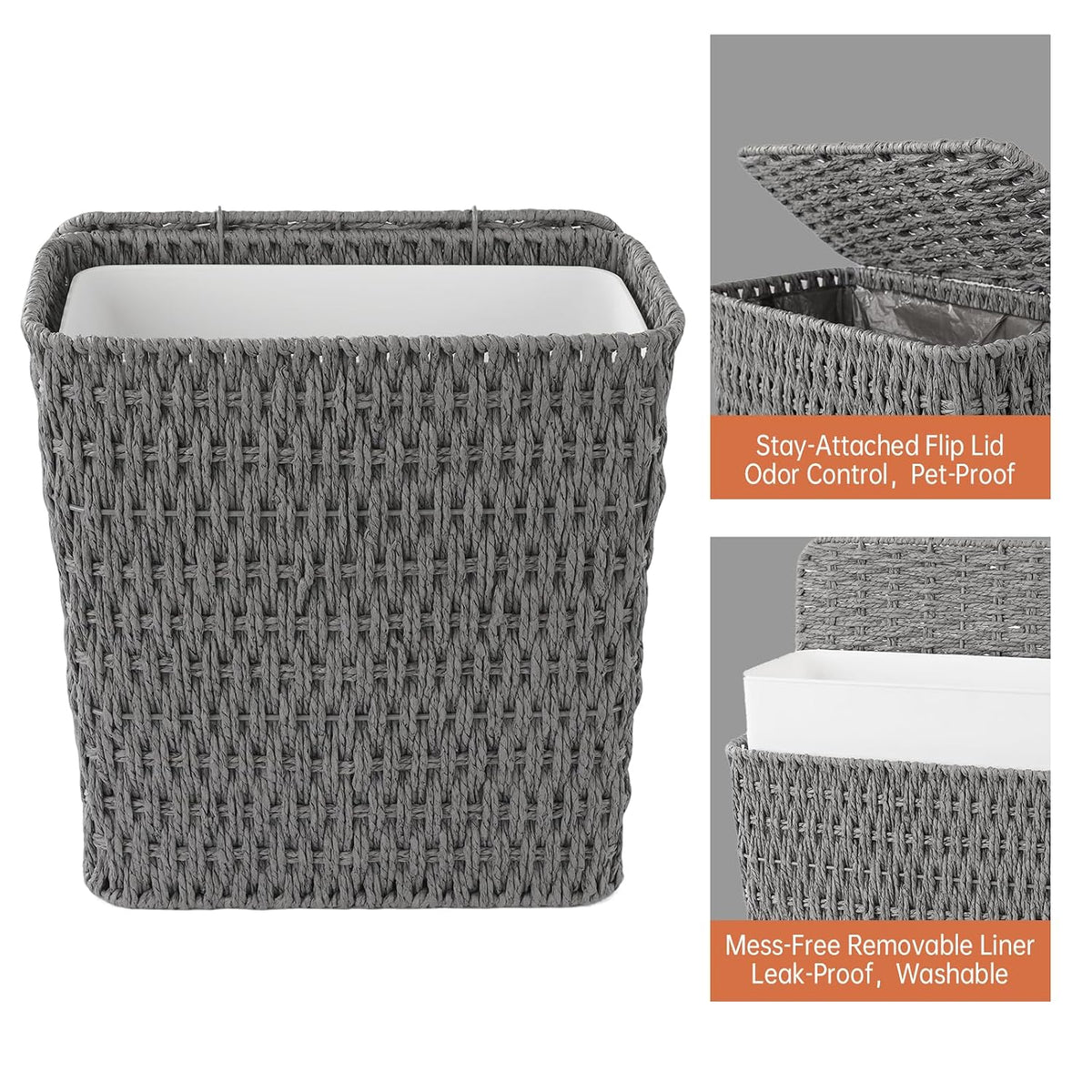 Coeusy 3 Gallon Paper Rope Bathroom Trash Can,Small Wicker Trash Cans with Lid and Liner,Woven Rattan Narrow Waste Basket for Bedroom,Office,Grey