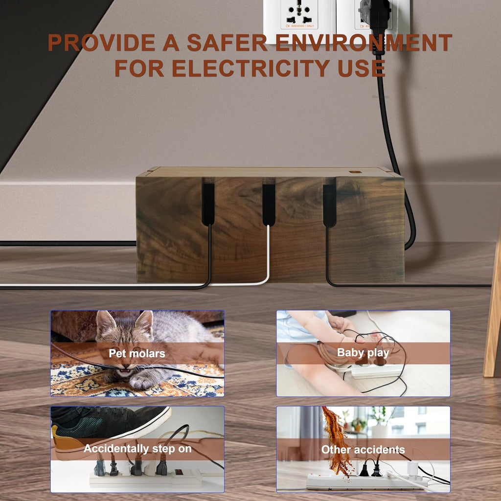 Walnut Wood Cable Management Box for Power Strip, Magnetic Lid