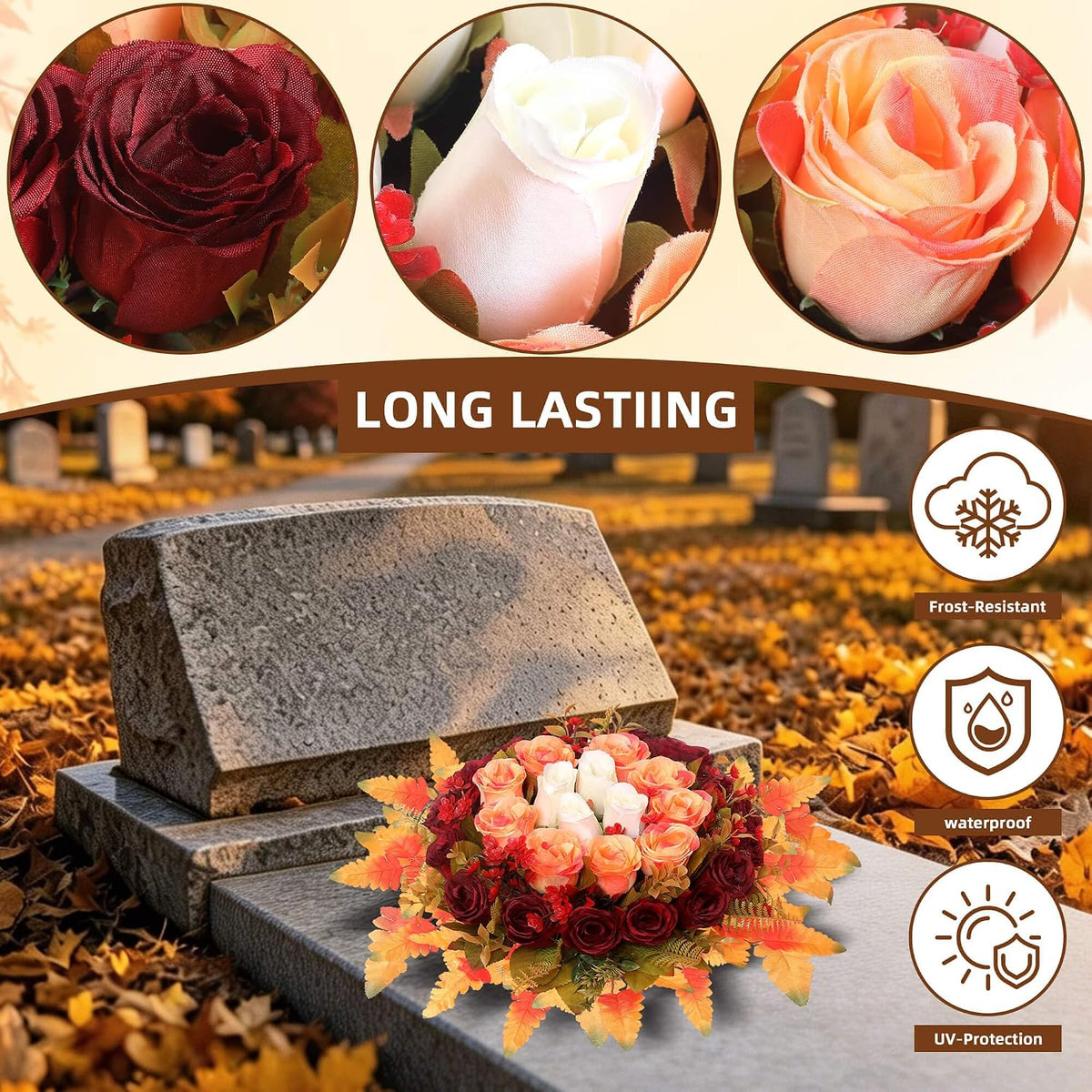 Lodou Artificial Cemetery Flowers,Silk Memorial Cake for Cemetery,Artificial Flower Centrepieces for Tables,Artificial Rose Graveyard Memorial Flowers for Headstones Decoration (Autumn Red)