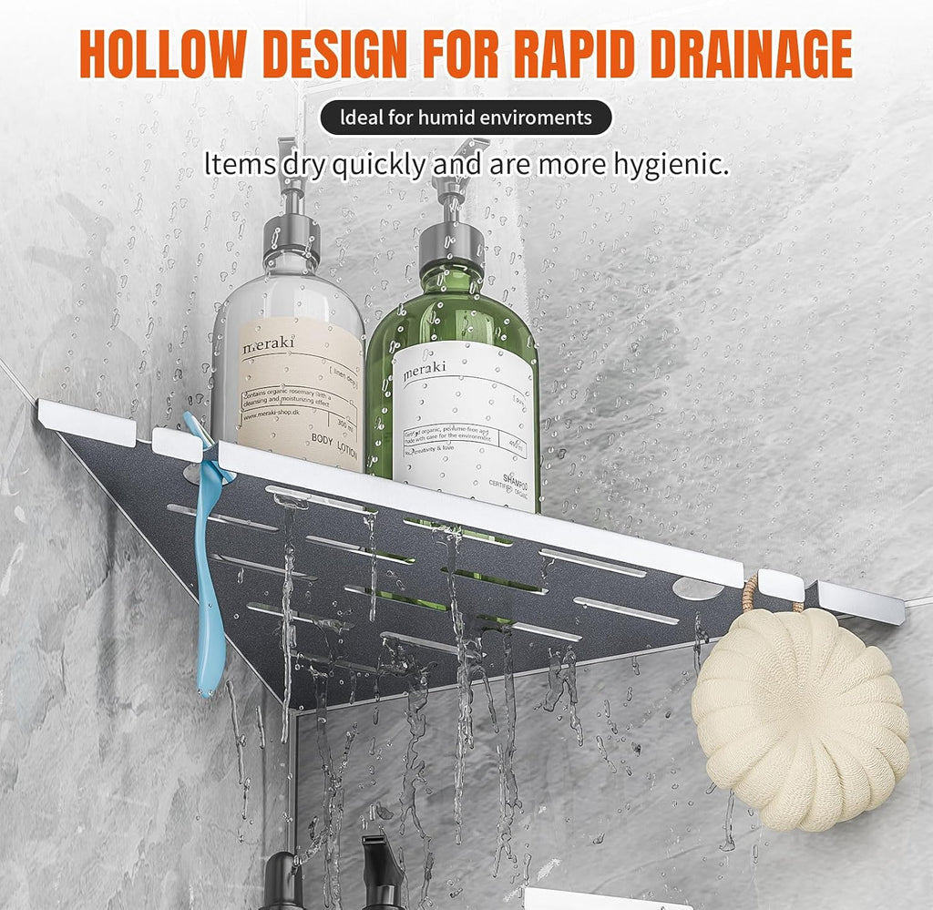 Shower Corner Shelf Organizer Rack with Hooks & Razor Hole, 2Pack-Silver