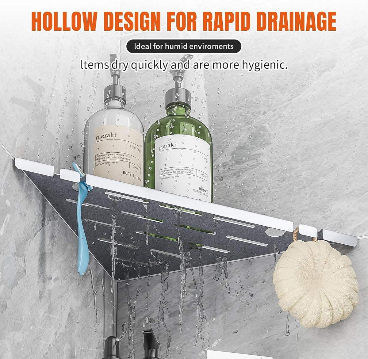 Shower Corner Shelf Organizer Rack with Hooks & Razor Hole, 2Pack-Silver
