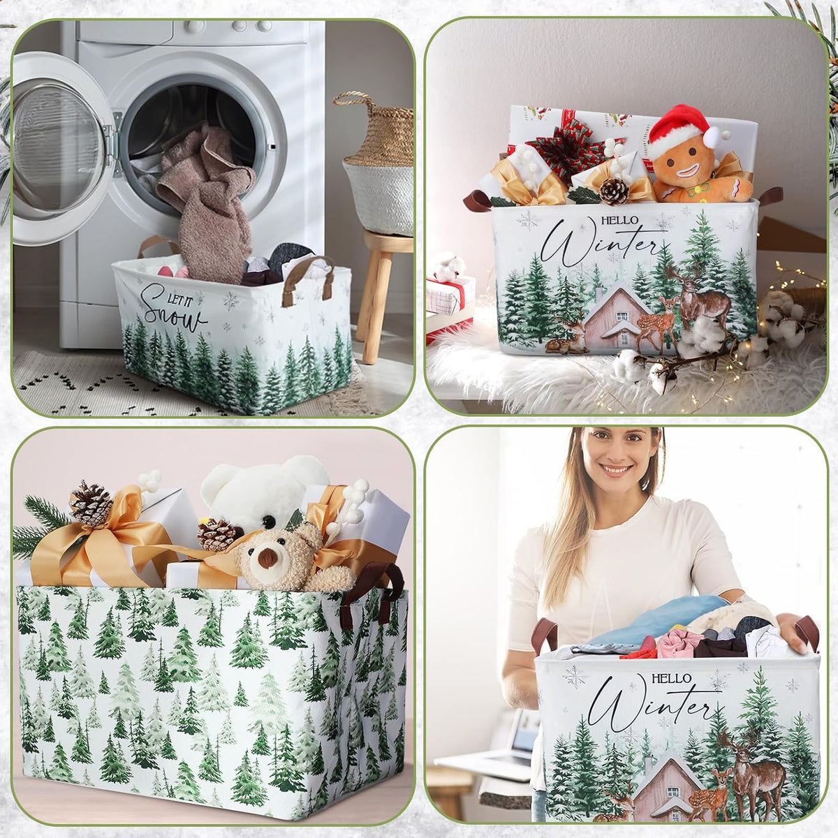 Beeveer 3 Pcs Winter Tree Wonderland Reindeer Storage Bin Xmas Tree Foldable Basket with Handle Fabric Storage Container Cube Box for Home Office Dorm Closet Shelf Toy Organizer
