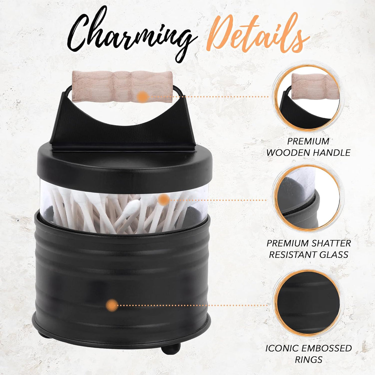 Autumn Alley Deluxe Farmhouse Apothecary Jars Set, Black Bathroom Jars Qtip Holder Glass - Rustic Vanity Organizer for Bathroom Counter, Cotton Balls, Swabs, Rounds, Salts 2-Small Glass with Lids