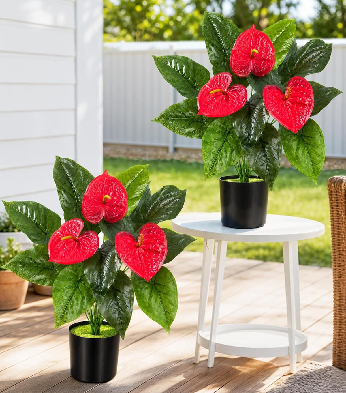 Anthurium Artificial Flowers with Pots, 2 Pack Fake Flowers Potted Faux Outdoor Plants, UV Resistant Realistic Faux Tropical Greenery for Planters Inside Porch Patio Yard (Red, 21.6")