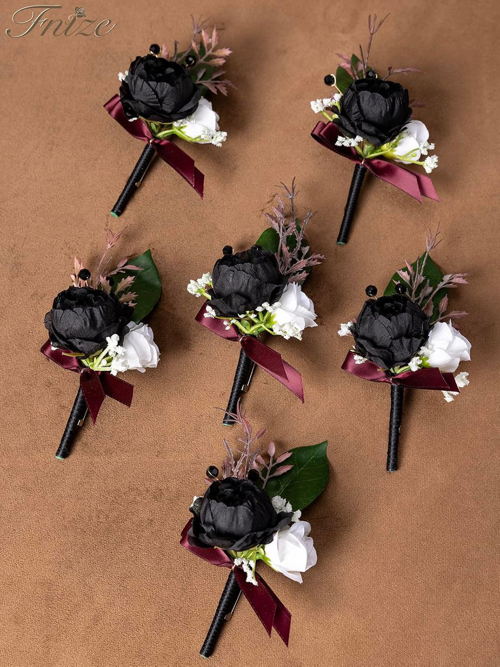 Fnize Boutonniere for Men Set of 6 Groom Groomsmen Wedding, Black & White