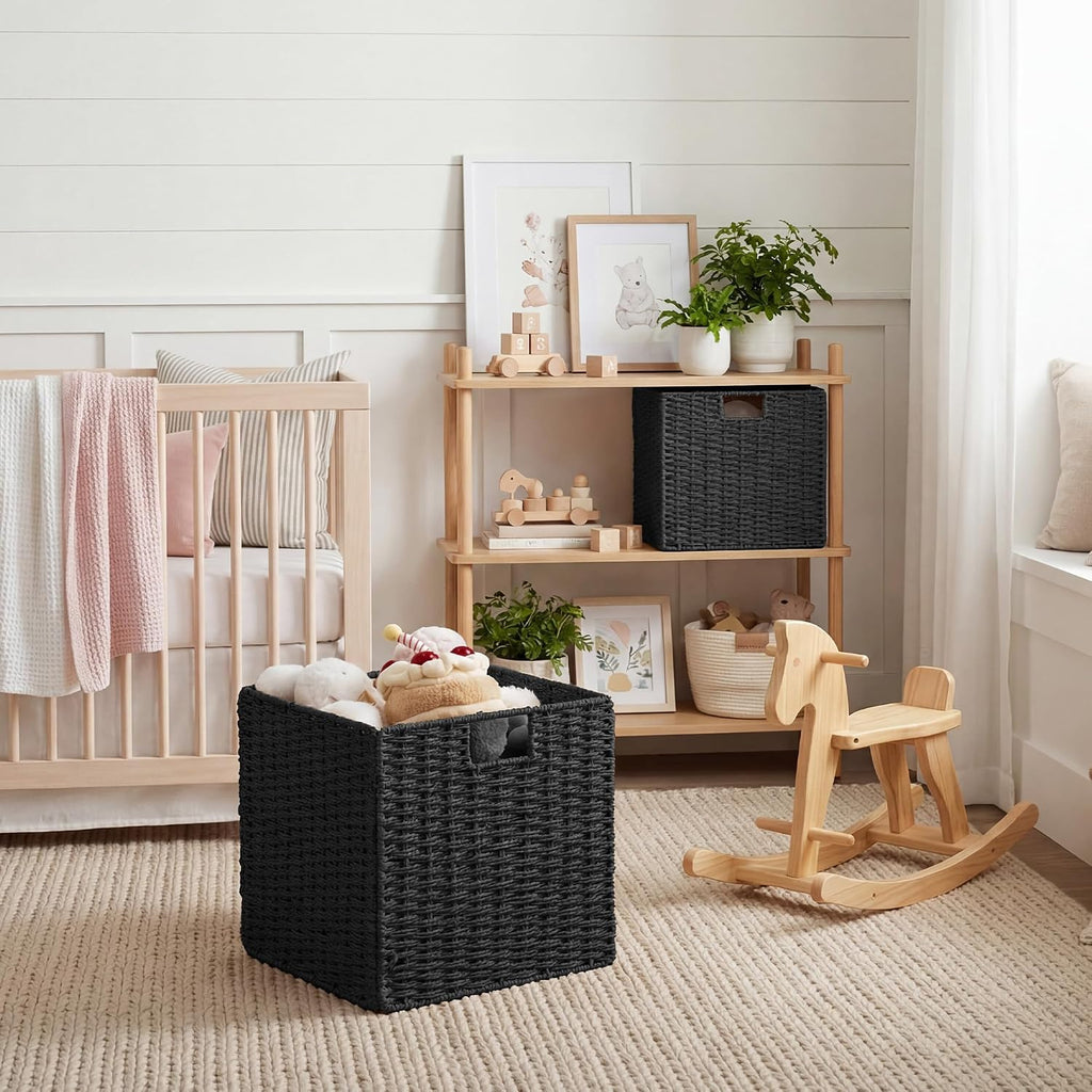 StorageWorks 13 inch Black Wicker Basket for Storage, Foldable Black Basket