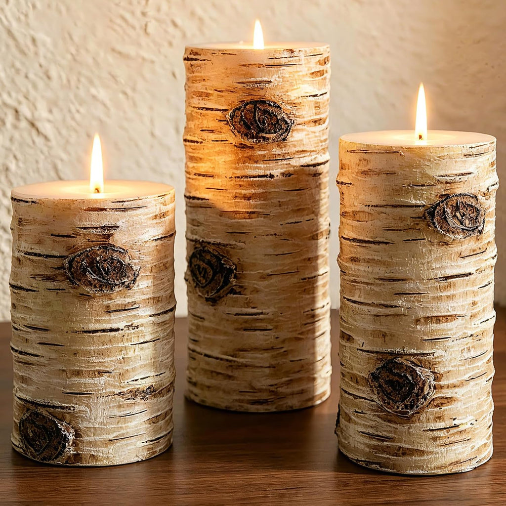Rustic Birch Bark Pillar Candle Set of 3, Unscented Home Decor