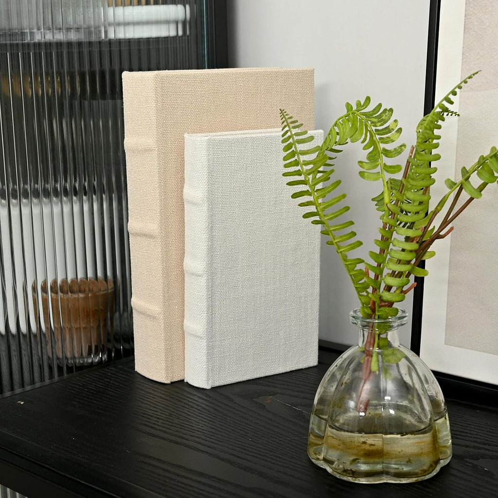 Decorative Faux Book Storage Boxes Set of 2, Linen Fabric Textured Books