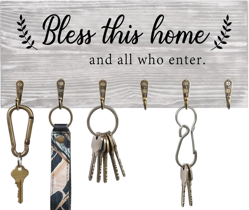 AHYS Key Holder Wall Mount with Words “Bless This Home”, Rustic Wooden Key Hanger with 6 Hooks for Farmhouse Home Entryway Living Room Decor - Light Grey
