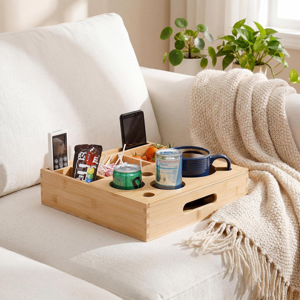 Couch Arm Caddy – Magnetic Removable Tray with 2 Can Holders & Mug Slot – Lifts Off to Reveal Deep Storage Bin – Sofa Armrest Organizer for Remotes, Phone & Snacks