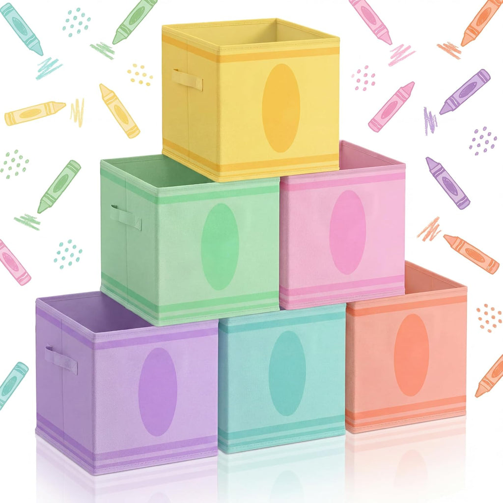 Glooglitter 6 Pack 11 Inch Crayon Fabric Storage Cube with Handles Pastel Collapsible Bin Classroom Must Have Foldable Colorful Closet Bin Basket for Nursery Classroom School Playroom Shelves