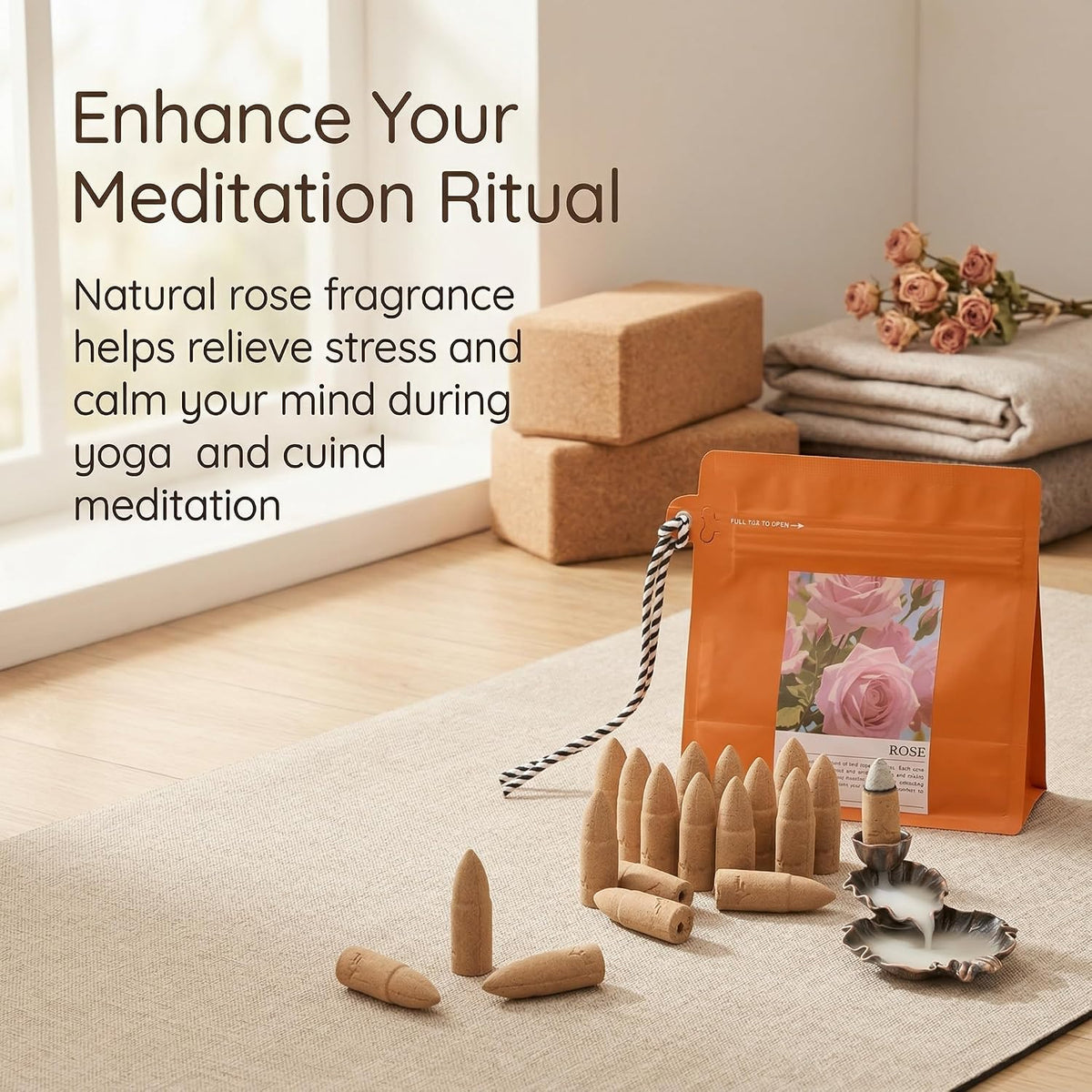 Rose Backflow Incense Cones - 50 Large Waterfall Back Flow Cones Scented - Includes 1 backflow Incense Burner