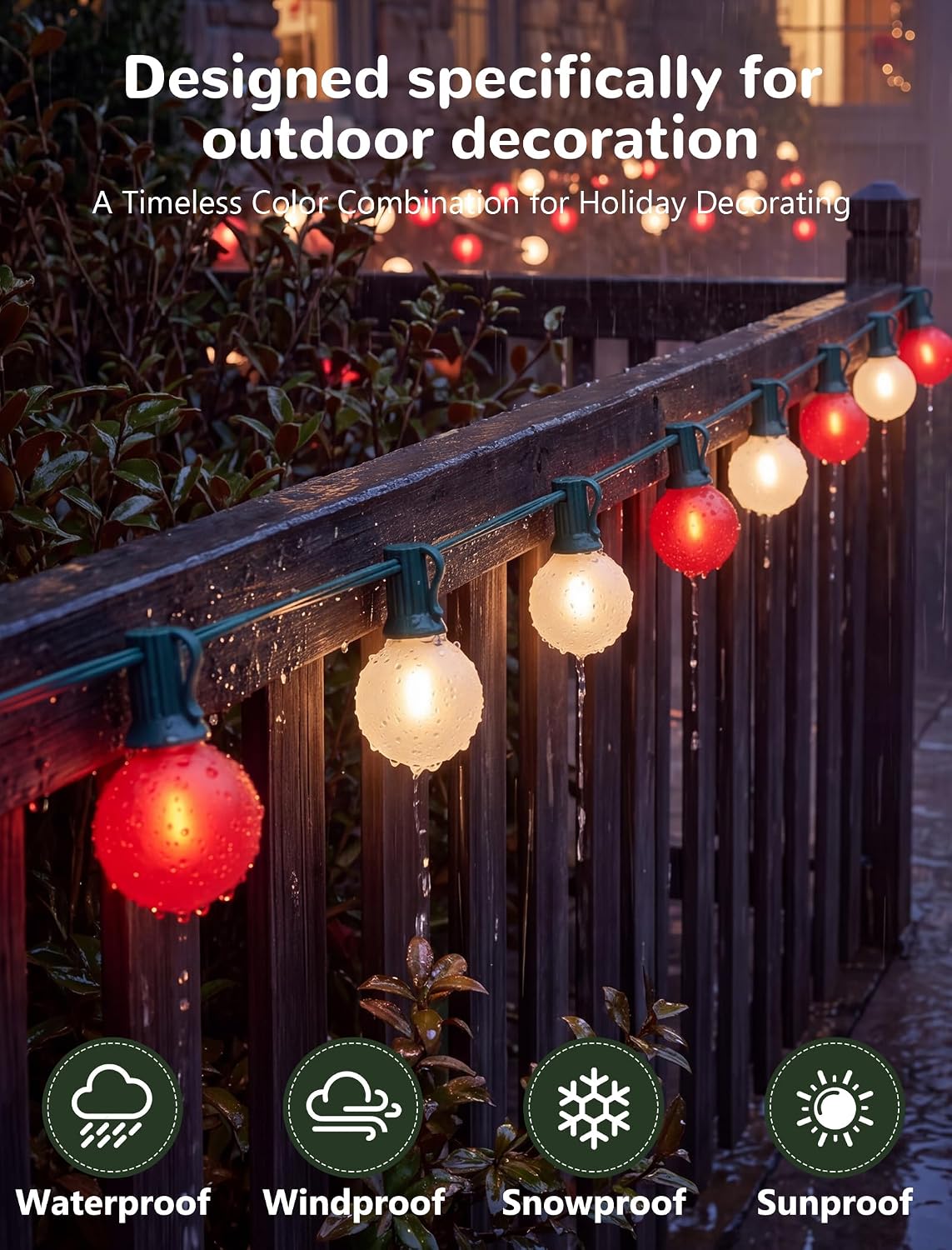50FT 25 LED Frosted Red and White Christmas Lights Outdoor, G40 Globe Bulbs
