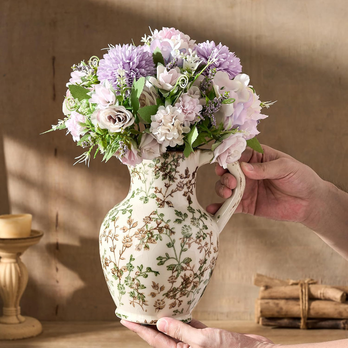Ceramic Rustic Farmhouse Vase with Handle,‌Retro Flower Vase for Home Decor