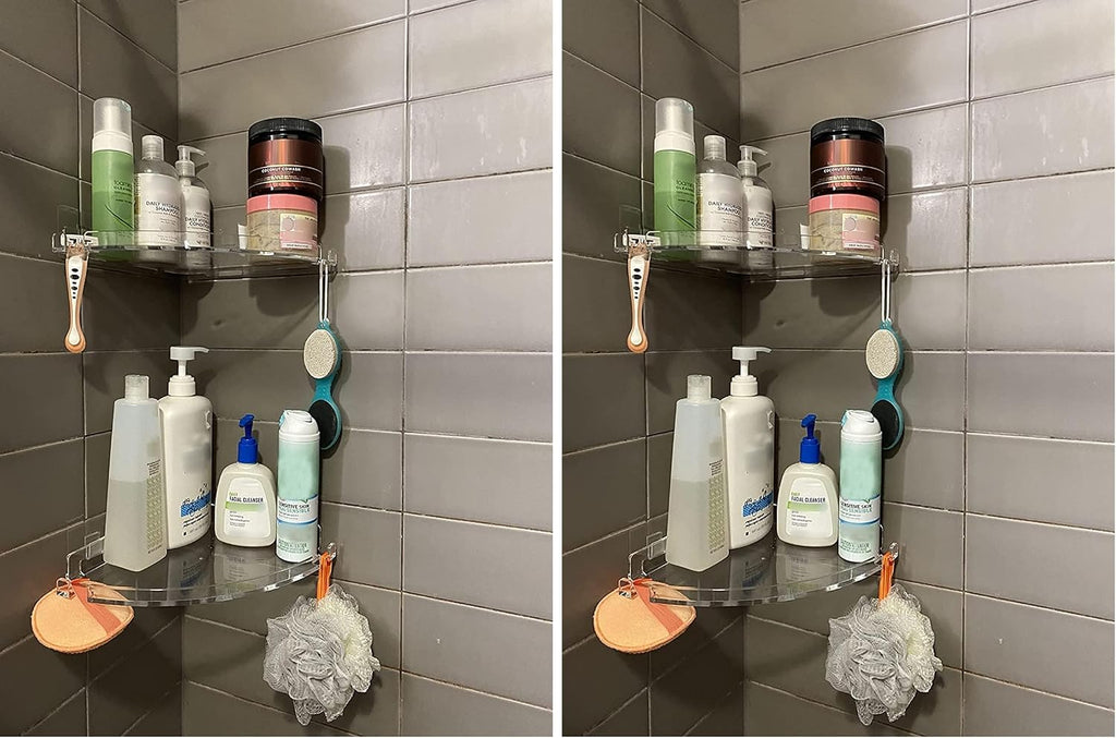 JiePai Acrylic Corner Shower Caddy Shelf with Hooks 4 Pack, Adhesive Wall Mounted Bathroom Shower Organizer for Inside Shower & Kitchen Storage, Space-Saving Design