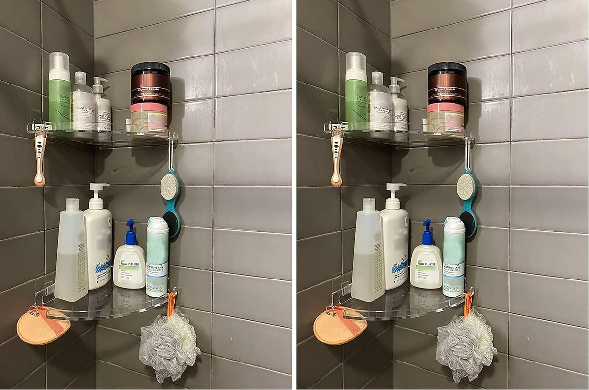 JiePai Acrylic Corner Shower Caddy Shelf with Hooks 4 Pack, Adhesive Wall Mounted Bathroom Shower Organizer for Inside Shower & Kitchen Storage, Space-Saving Design