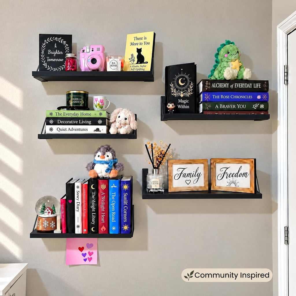 BAYKA Wall Mounted Black Floating Shelves for Wall (Set of 4, 16.5" Mixed)