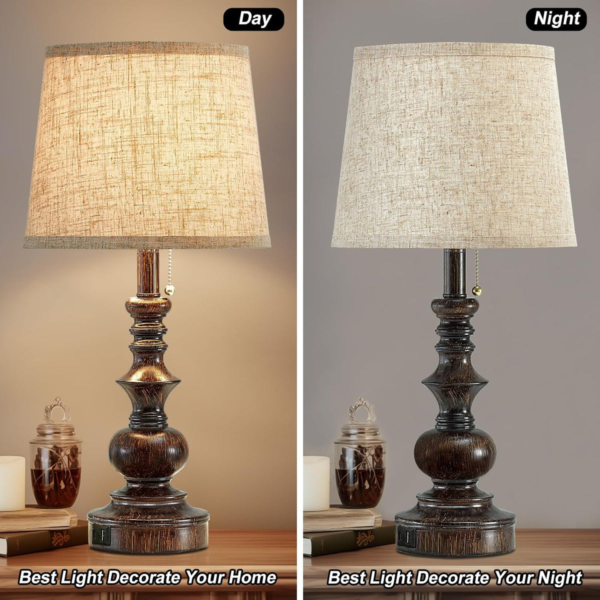 Drawealth 22'' Farmhouse Bedside Table Lamps Set of 2 for Bedroom Nightstand Lamps with USB A+C Charging Ports Traditional Small Table Lamp for Living Room End Tables,Pull Chain,Bulbs Not Included
